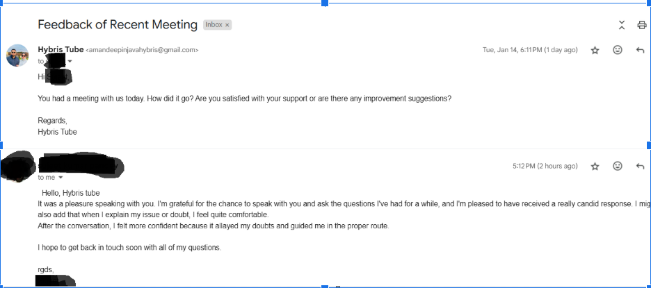Member feedback screenshot (anonymized)