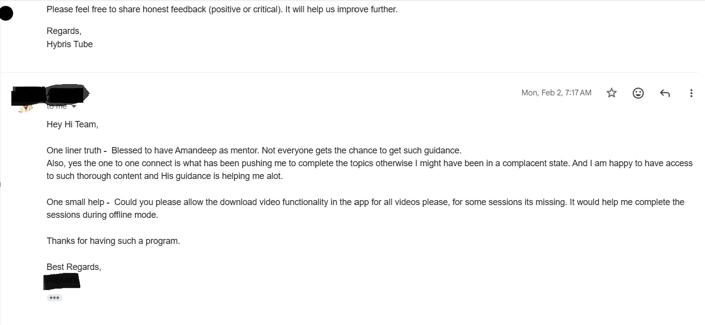 Member feedback screenshot (anonymized)